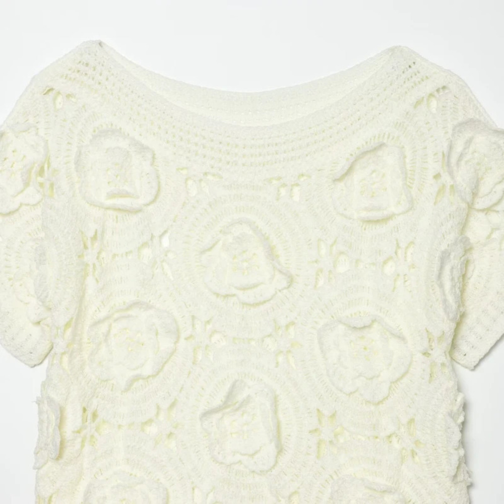 ZARA Casual Floral Patchwork Short Sleeve Knit Top